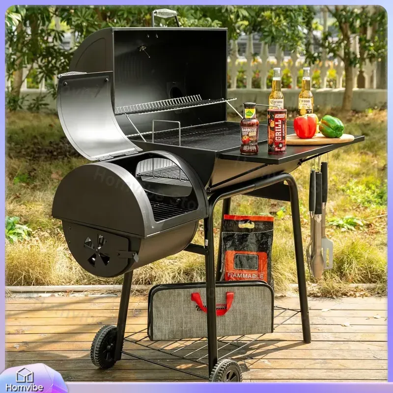 Camping Cooking Cover - شواية فحم مع مدخنة جانبية وغطاء،