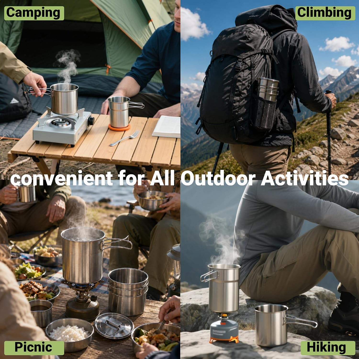 أكواب قابلة للطي للتخييم، أوان - مراجعة Camping Cooking Pot Stainless Steel وسعره